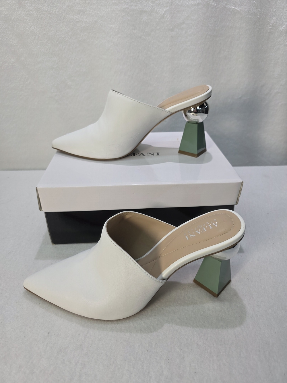 Alfani White Pointed Toe Mule with Green Block Heel